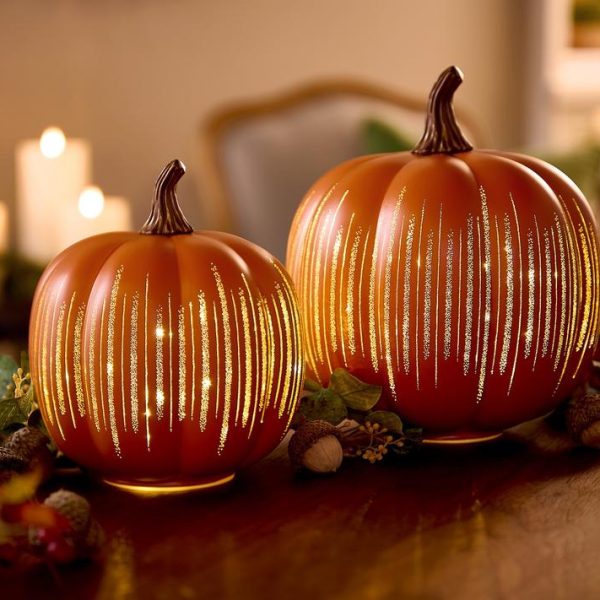 Set of 2 Starry Night Glass Pumpkins with LED Lights – Elegant Illuminated Fall Décor